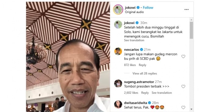 Presiden ke-7 RI, Jokowi ngevlog ketika ingin menengok cucunya di Jakarta. (Tangkapan layar/Instagram)