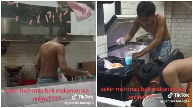 Tangkapan layar oknum karyawan Ayam Jatinangor House tak pakai baju saat menyiapkan pesanan. (X)