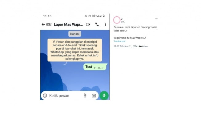 Cuitan warganet soal centang satu nomor WhatsApp layanan Lapor Mas Wapres. [X/@k7_****]