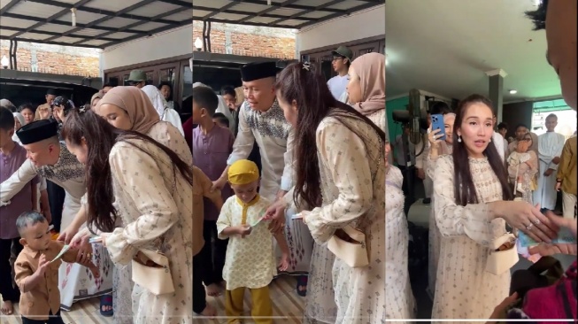 Ayu Ting Ting membagikan THR ke kerabat dan tetangga. (TikTok/@syadulha20)