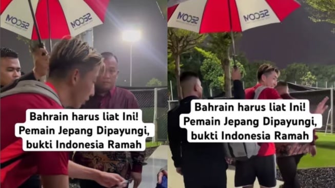 Momen Pemain Jepang Dipayungi Security Indonesia saat Hujan, Netizen Sentil Bahrain