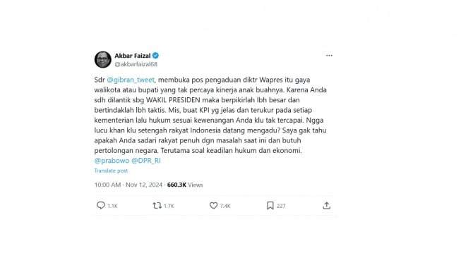 Cuitan politikus soal layanan Lapor Mas Wapres. [X/@akbarfaizal68]