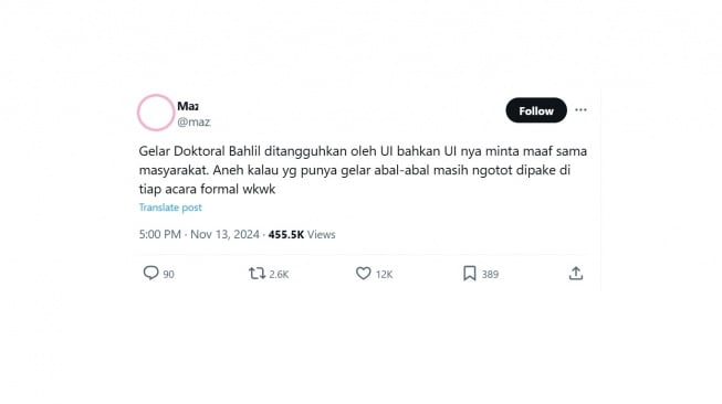 Cuitan warganet soal penangguhan gelar doktor Bahlil. [X/@maz****_***]