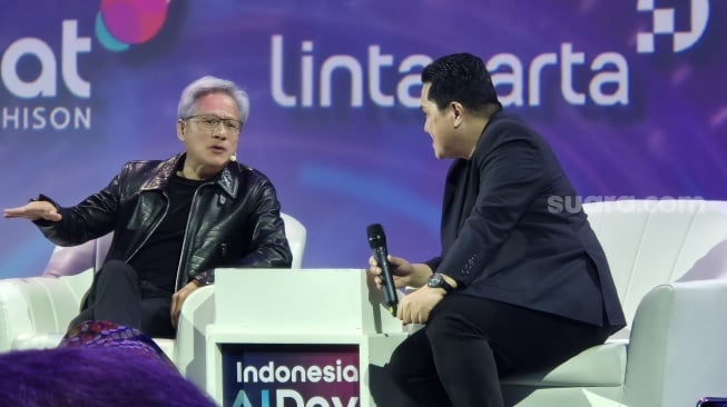 Founder and CEO Nvidia, Jensen Huang di Indonesia AI Day, Kamis (14/11/2024). [Suara.com/Dythia]