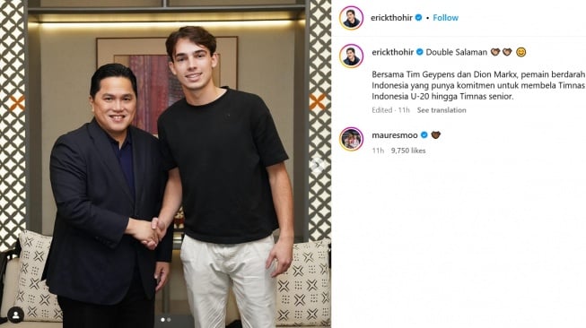 Mauresmo Hinoke berkomentar di postingan Erick Thohir yang sedang berjabat tangan dengan dua pemain keturunan. (Instagram/@erickthohir)