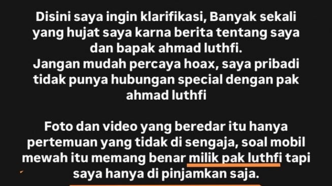 Klarifikasi Vanessa Nabila, selebgram diduga simpanan Ahmad Luthfi. (X/@Anak__Ogi)