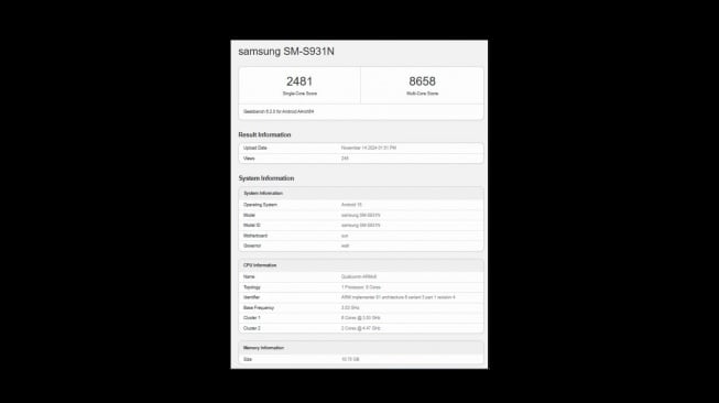 Skor Geekbench Samsung Galaxy S25. [Gizmochina]