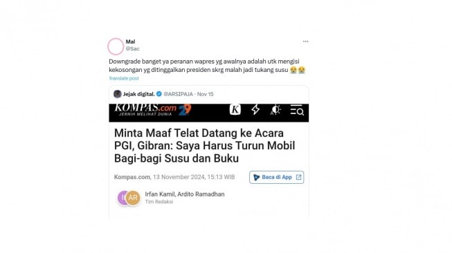 Cuitan warganet soal Gibran bagi-bagi susu. [X/@Sac*******]