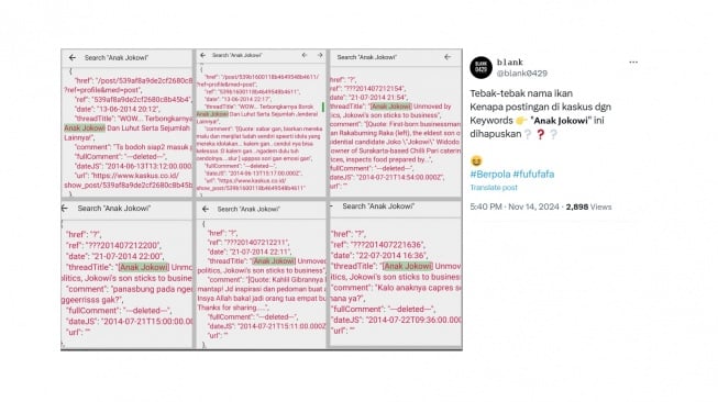 Penghapusan kata kunci Anak Jokowi di postingan Fufufafa. [X/@blank0429]