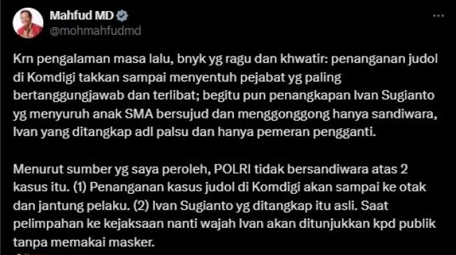 Cuitan Mahfud MS soal Ivan Sugainto. [x]