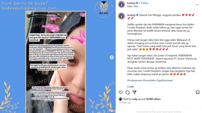 Unggahan mantan karyawan Tasyi Athasyia [Instagram/@budepji]