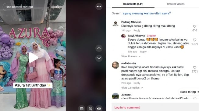 Tasyi Athasyia tanggapi komentar miring soal hadiri pesta ulang tahun Azura (TikTok/@tasyiiathasyia)