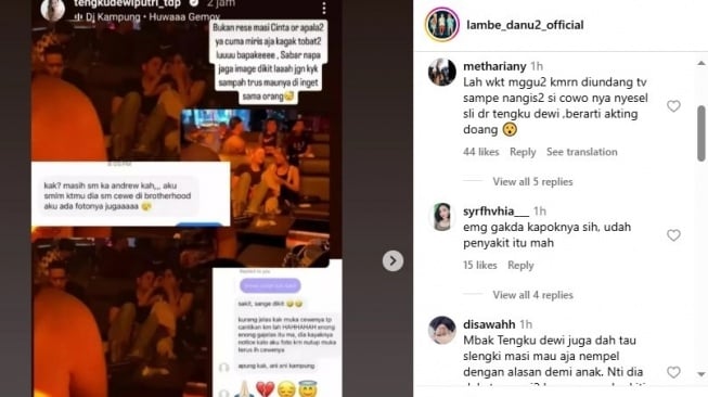 Tengku Dewi bagikan potret Andrew Andika mabuk-mabukan dengan wanita di klub malam (Instagram/@lambe_danu2_official)