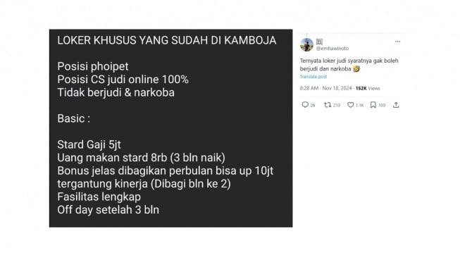 Cuitan warganet soal syarat lowongan kerja judi online. [X/@emhawinoto]