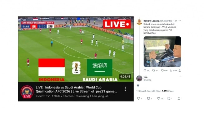 Cuitan warganet soal Prabowo menonton pertandingan Indonesia vs Arab Saudi. [X/@Kobamlapanganh1]