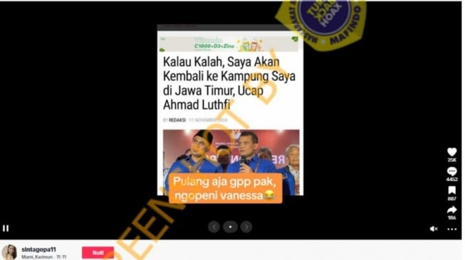 Tangkapan layar cek fakta Ahmad Luthfi Bakal Pulang Kampung Jika Kalah Pilkada Jateng (Foto: TikTok)