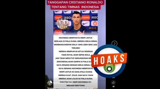 Tangkapan layar Facebook narasi yang menyebut Ronaldo memberikan tanggapan soal peluang Indonesia lolos ke Piala Dunia 2026 (Dok: Facebook)