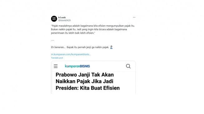 Cuitan warganet soal janji Prabowo. [X/@blank0429]