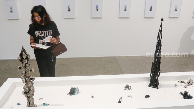 Pengunjung melihat pameran instlalasi seni 'Kawah Ojol' di Galeri ROH, Jakarta, Jumat (22/11/2024). [Suara.com/Alfian Winanto]