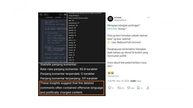 Cuitan warganet soal komentar fufufafa yang dihapus. [X/@blank0429]