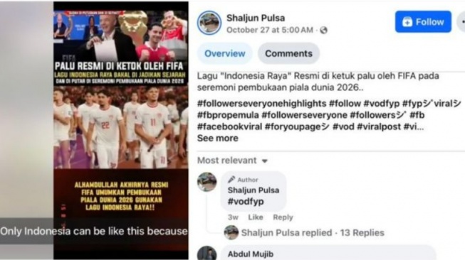 Unggahan yang menarasikan lagu Indonesia Raya jadi lagu pembukaan Piala Dunia 2026. Faktanya, belum ada informasi resmi FIFA menyatakan hal tersebut. (TikTok)