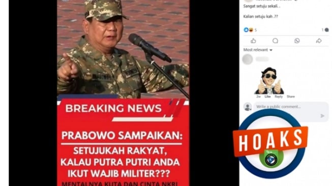 Tangkapan layar konten hoaks di sebuah akun Facebook, 5 November 2024, mengenai Prabowo mewacanakan wajib militer bagi anak muda.(akun Facebook)