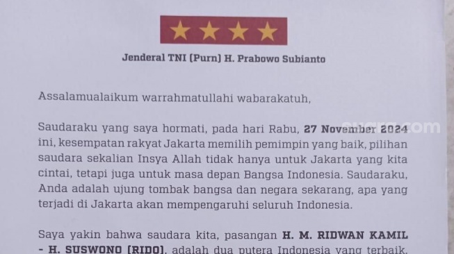 surat edaran atas nama Presiden Prabowo Subianto mengajak warga Jakarta untuk memilih Pasangan Calon Gubernur (Cagub) dan Wakil Gubernur (Cawagub) DKI Jakarta nomor urut satu, Ridwan Kamil (RK)-Suswono. (tangkapan layar/ist)