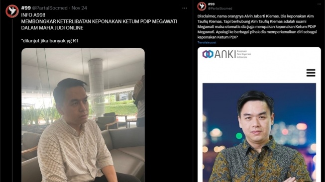 Cuitan Partai Socmed soal Alwin Jabarti Kiemas, tersangka judol disebut keponakan Megawati. (X/@PartaiSocmed)