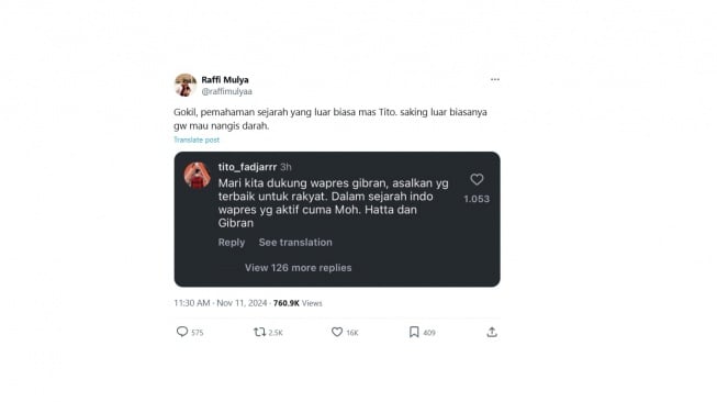 Cuitan warganet yang menyamakan Gibran dengan Bung Hatta. [X/@raffimulyaa]