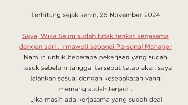 Wika Salim umumkan berhentikan manajer (Instagram)