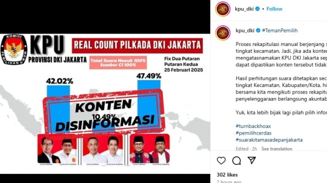 Akun Instagram KPU DKI diserbu netizen usai terkait unggahan tangkapan layar yang dilabeli konten disinformasi. (tangkapan layar/Instagram).