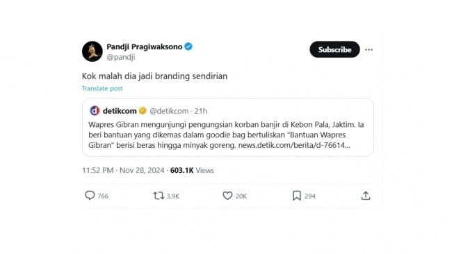 Cuitan Pandji Pragiwaksono soal sembako Gibran. [X/@pandji]