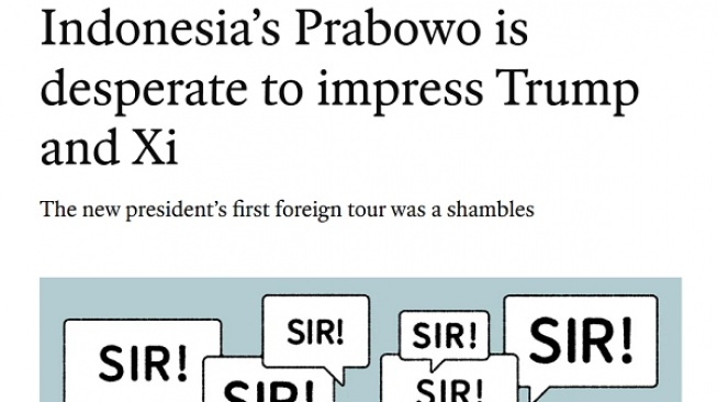 Media asing The Economist mengkritik lawatan Presiden RI Prabowo Subianto ke luar negeri pasca kemenangannya di kontestasi Pilpres 2024.