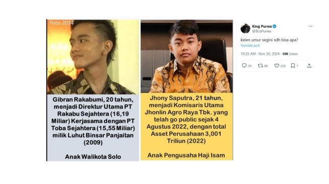 Perbandingan kekayaan Gibran dan Jhony Saputra. [X/@BosPurwa]