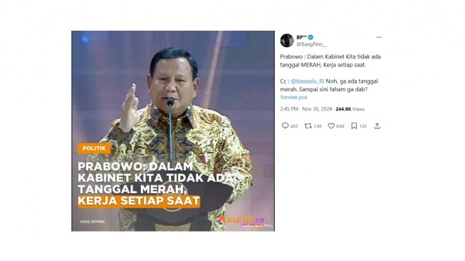 Cuitan warganet soal ucapan Prabowo dan Bawaslu. [X/@BangPino__]