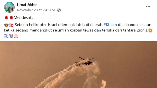 Cek Fakta: Helikopter Israel Ditembak Jatuh di Lebanon