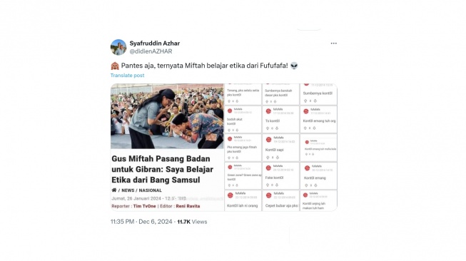 Cuitan warganet soal Gus Miftah dan Gibran Rakabuming. [X/@didienAZHAR]