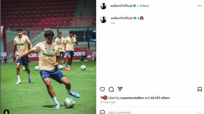 Welber Jardim sedang berlatih di Sao Paulo usai absen dari TC timnas Indonesia U-20. (Instagram/@welber07official)