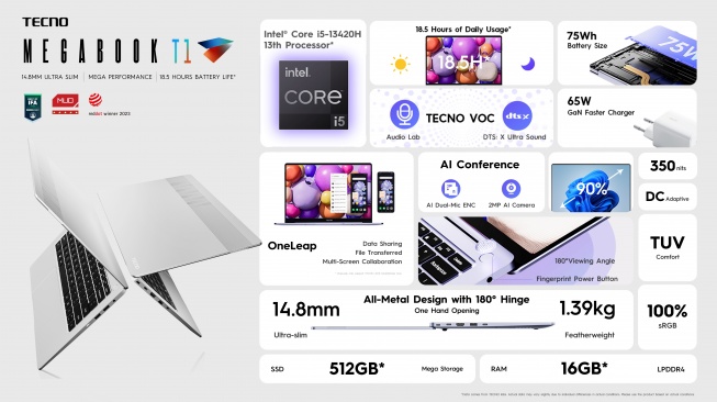 Laptop Tecno Megabook T1 versi prosesor Intel Core i5-13420H. [Tecno Indonesia]