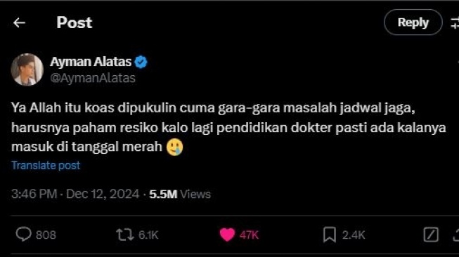 Cuitan dr Ayman Alatas soal koas dianiaya. [x]