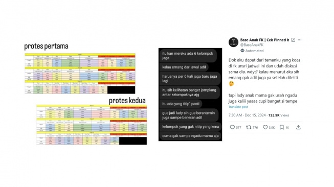 Cuitan warganet soal jadwal jaga Aurellia Pramesti. [X/@BaseAnakFK]