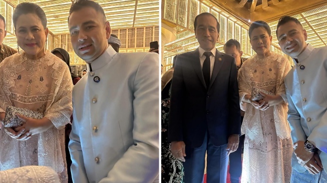 Raffi Ahmad berfoto dengan Jokowi dan Iriana di resepsi pernikahan Putri Zulhas dan Zumi Zola. [Instagram/@raffinagita1717]