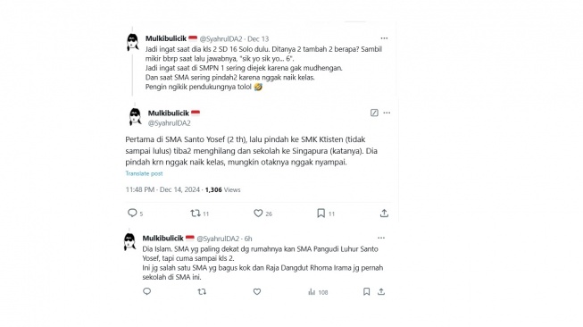 Cuitan warganet yang mengaku satu sekolah dengan Gibran. [X/@SyahrulDA2]