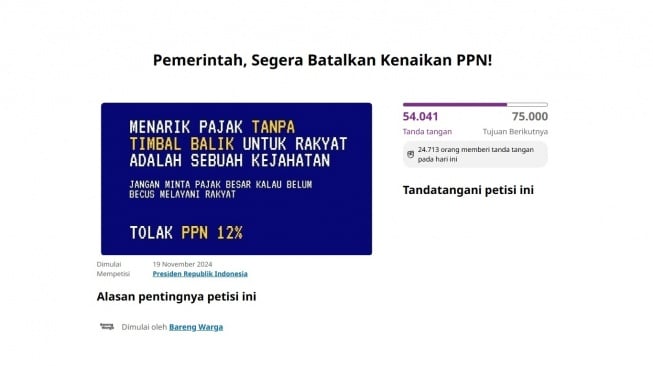 Petisi tolak PPN 12 persen. [tangkapan layar]