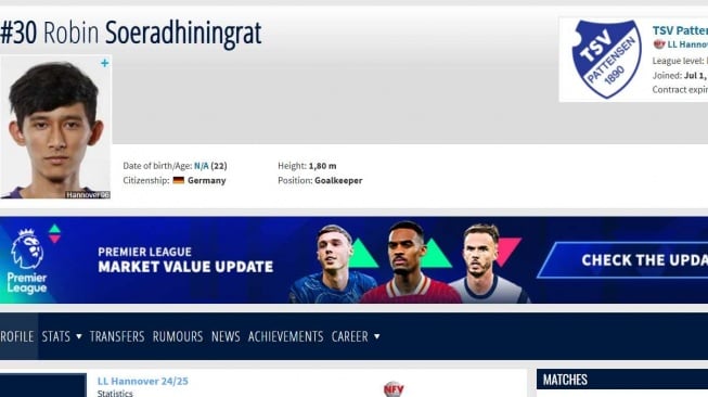 Profil Robin Soeradhiningrat di Transfermarkt. [Dok. Tangkapan layar]