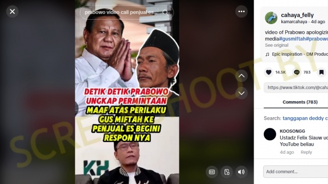 Unggahan berisi narasi “Prabowo telepon Sunhaji penjual es teh dan meminta maaf” (Foto: X)