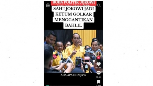 Tangkapan layar unggahan video di TikTok menarasikan Joko Widodo telah resmi diangkat menjadi ketua umum Partai Golkar, menggantikan Bahlil Lahadalia. namun unggahan tersebut adalah disinformasi. (ANTARA/Tiktok)