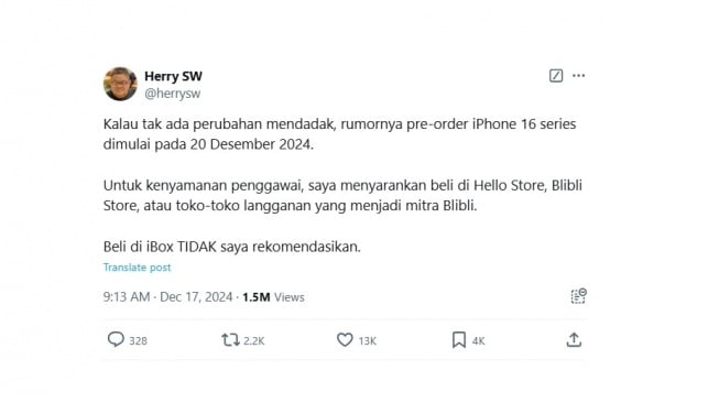 Cuitan warganet soal PO iPhone 16. [X/@herrysw]