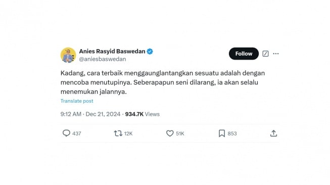 Cuitan Anies Baswedan soal seni. [X/@aniesbaswedan]