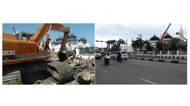 Foto kolase sebuah alat berat membersihkan serpihan puing yang berserakan akibat tsunami di jalan kota dan halaman Masjid Raya Baiturrahman (kiri) dan pekerja dengan menggunakan alat berat memperbaiki payung elektrik di halaman Masjid Baiturrahman, Banda Aceh, Aceh (kanan). [ANTARA FOTO]